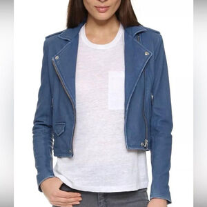 IRO Cornflower Blue Lamb Leather Moto Jacket Size 38